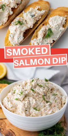 smoked salmon dip in a white bowl on a cutting board with bread and lemon wedges