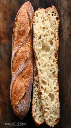 two loaves of bread sitting on top of a wooden table