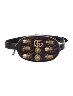 #GUCCI | Black matelassé leather Gucci GG Marmont 2.0 Animal Stud Matelassé belt bag with antiqued gold-tone hardware. Shop authentic designer handbags by Gucci at The RealReal. Beautiful Purse, Hardware Shop, Front Face, Classic Handbags, Waist Strap