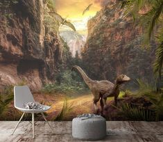 an image of a dinosaur in the jungle wallpapered with mountains and trees on it