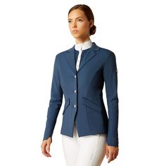 Show jumpers, this one's for you. The beautiful, slightly stretchy fabric is unlined for 360-degrees of breathability so you can stay cool while your round heats up. With elegant notches at the sleeves and hem and subtle metallic details, it'll turn heads in and out of the ring. Meridian Show Coat | Product Features : 0 : ClimateTEK™ dynamically responds to your body temperature to keep you cool when things heat up|FreshTEK™ sustainable odor-resistance, 1 : Black metallic trims|Tall double vent| Show Jackets, English Riding, Jacket Long, Body Temperature, Black Metallic, Stay Cool, Dark Denim, Long Coat, Stretchy Fabric