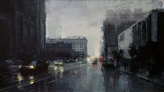 an oil painting of a city street at night with buildings and cars on the road