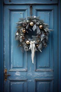 a blue door with a wreath on it