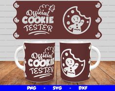 two coffee mugs with the words official cookie tester and an image of a cartoon character