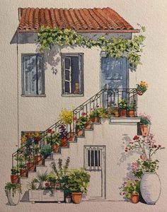 a watercolor painting of a house with potted plants and flowers on the steps