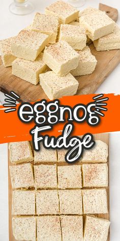 eggnog fudge on a cutting board next to sliced cheese