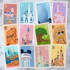 postage stamps with disney world images on them