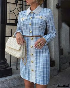 Color: blue, Size: M Plaid Decor, Button Outfit, Formal Skirt, Chic Type, Tweed Coat, Skirt Sets, Plaid Fashion, Blue Outfit, Dress Suits