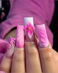 Hawaiian Nails Acrylic, Pink 3d Flower Nails, Hawaiian Nails, Pink Flower Nails, Nails Flower, Nails Summer Nails, Solid Color Nails