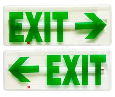 two green exit signs with arrows pointing in opposite directions on white background stock images and clippings