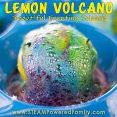 a close up of a lemon volcano in a blue bowl with water on it and the words simply beautiful hands on science below