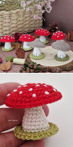 crocheted mushrooms are sitting on the table