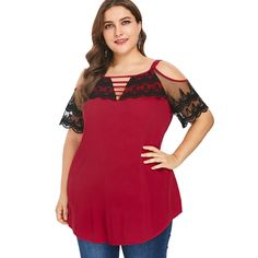 Plus Size Scalloped Flare Sleeve Cold Shoulder Blouse - Red - 3T81002114 - Original Design-Women's Clothing  #OriginalDesignWomensClothing #Original #DesignWomen's #Clothing White Sweater Outfit, Womens Lace Shorts, Black Cold Shoulder Dress, Blouse Size Chart, Plus Size Crop Tops, Fashion Christmas, Hem Blouse, Cold Shoulder Blouse, Trendy Plus Size Clothing