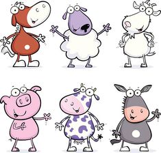 four cartoon cows with different colors and sizes, one is pink, the other is blue