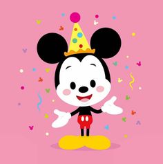 a cartoon mickey mouse with a party hat on and confetti around his head