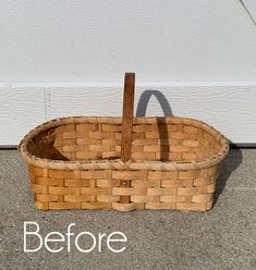 a basket that is sitting on the ground with words before and after it has been cleaned