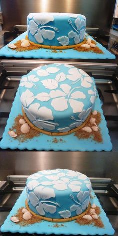 two cakes with blue frosting sitting on top of each other in front of an oven