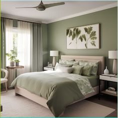 a bedroom with green walls and bedding in the center, along with two lamps on either side of the bed