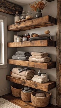 some shelves that have towels and other items on them