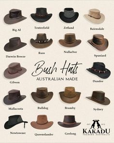 Aussie Made Bush Hats Australian Hats, Australian Outback Hat, Australian Hat, Cowboy Hat Styles, Wide Hat, Outback Hat, Cowboy Aesthetic, Different Hats, Cowboy Outfits