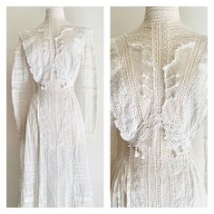 Antique Victorian Edwardian Dress 1800's Early 1900's White Cotton Dress Delicate Embroidery Lace Ruffle High Neck - Etsy Victorian Vintage Lace Dress With Ruffles, Vintage White Victorian Day Dress With Ruffles, Vintage White Victorian Dress With Ruffles For Daywear, Cottagecore Victorian Dress With Lace Trim In Vintage White, Fitted Victorian Dress With Lace Patchwork, White Victorian Dress With Historical Design, White Victorian Prairie Dress For Wedding, White Lace Prairie Dress With Ruffles, Victorian Vintage White Dress With Ruffles