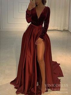 Vestidos Color Vino, Sweetheart Evening Dress, Top Prom Dresses, Party Gown Dress, Satin Evening Gown, Long Sleeve Prom, Leg Split, Burgundy Prom Dress, Long Sleeve Evening Dresses