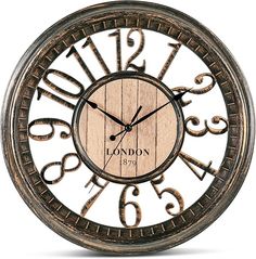 a wooden clock with roman numerals on it's face and the words london engraved in gold