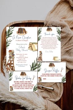 three bookshelf themed wedding stationery cards on a wooden tray