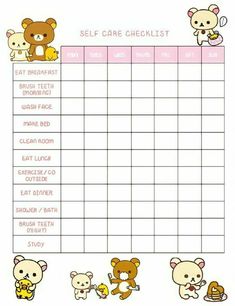 a printable self care checklist with teddy bears and other animals on it's side