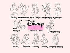 disney princess silhouettes are shown in different styles and sizes, with the names below them