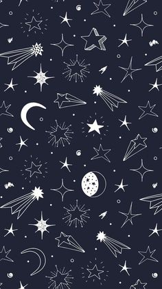 the stars and planets are drawn in white on a dark blue background, with space shuttles