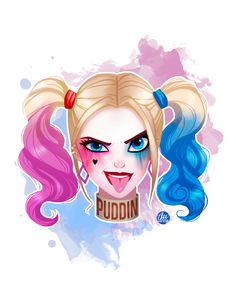 a drawing of a girl with pink hair and blue eyes, wearing a wig that says puddin