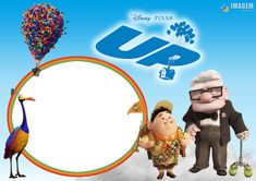 the characters from up are holding balloons and standing next to an oval shaped sign that says u