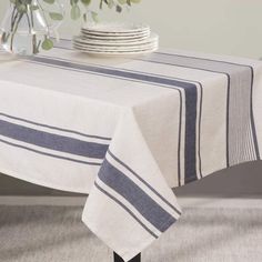 a white table with blue stripes on it