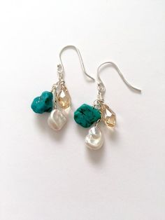 The Turquoise Shimmer Earrings, Turquoise, Real Pearl and Swarovski Briolette small dangle Earrings, Handmade Sterling Silver Cluster Earrings For Anniversary, Turquoise Briolette Earrings As A Gift, Turquoise Briolette Earrings For Gift, Turquoise Dangle Earrings For Anniversary, Turquoise Sterling Silver Earrings For Anniversary, Handmade Turquoise Briolette Earrings, Turquoise Drop Sterling Silver Jewelry, Hoop Earrings Diy, Unique Hoop Earrings