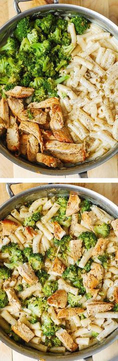 two pans filled with chicken, broccoli and pasta