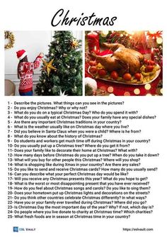 Christmas questions Speaking Activities Esl, Speaking Activities English, Conversation Questions, Journal Prompts For Kids, English Speaking Practice, English Language Learning Grammar, Conversation Topics, English Phrases Idioms, English Teaching Resources