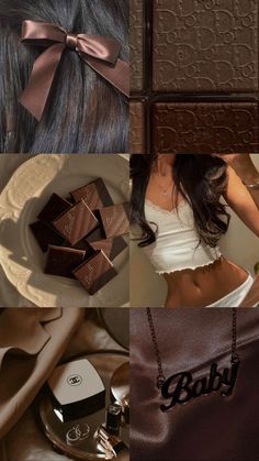 a collage of photos with chocolates and hair