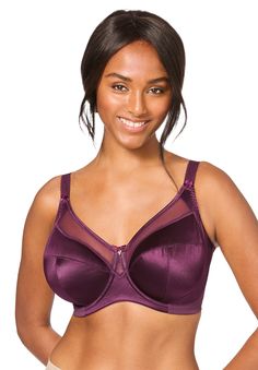 Beautifully designed in smooth satin with a sheer top cup that gives you a lighter look and more feminine feel. Get maximum lift and shaping with a supportive underwire, and achieve your perfect fit with adjustable straps. You'll love the classic colors and fun prints. Firm Lift: our most supportive underwire bra for the ultimate lift Back closurePoly/nylon/spandex; importedHand wash | Plus Size Women's Goddess® Keira and Kayla Underwire Bra 6090/6162 by Goddess in Blackberry (Size 46 G) Latest Bra, Bra Dress, More Feminine, Plus Size Bra, Swimsuits For All, Petite Tops, Sheer Top, Petite Dresses, New Tops