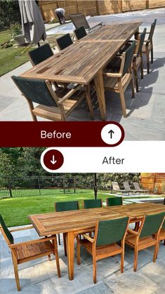 before and after photos of a wooden table with green chairs in the back yard area