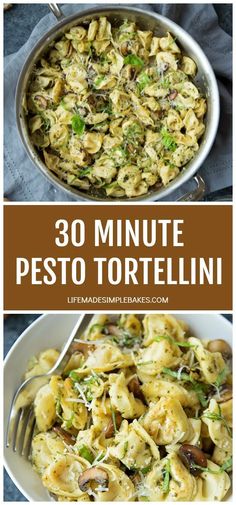 pasta with pesto and mushrooms in a skillet