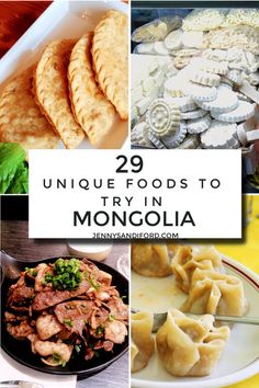 the collage shows different types of food and words that read 29 unique foods to try in monopolia