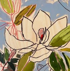 a painting of a white flower with green leaves and red stamens on a blue background