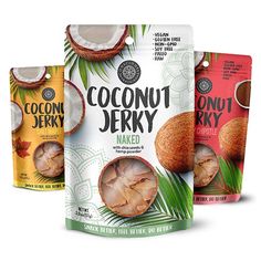 three bags of coconut jerry next to each other on a white background with palm leaves