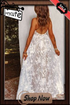 White V Neck Backless Floral Lace Maxi Dress Spring Wedding Long Backless Dress, Summer Prom Lace Maxi Dress, Spring Wedding Backless Floor-length Dress, Spring Backless Lace Maxi Dress, Bohemian Summer Prom Dresses, Floral Lace Maxi Dress, Lace Maxi, Dresses Evening, Lace Maxi Dress