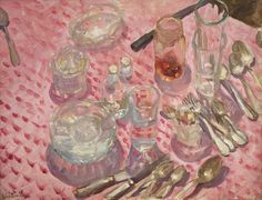 a painting of silverware and utensils on a pink table cloth