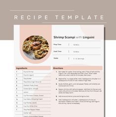 the recipe template for shrimp scampi with linguini is shown in pink and white