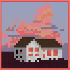 a pixelated image of a house with the sky in the background and clouds above it