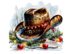 a watercolor painting of a cowboy hat and christmas decorations