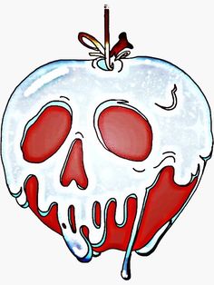 an apple shaped like a skull with red eyes and blood dripping down the side, on a white background